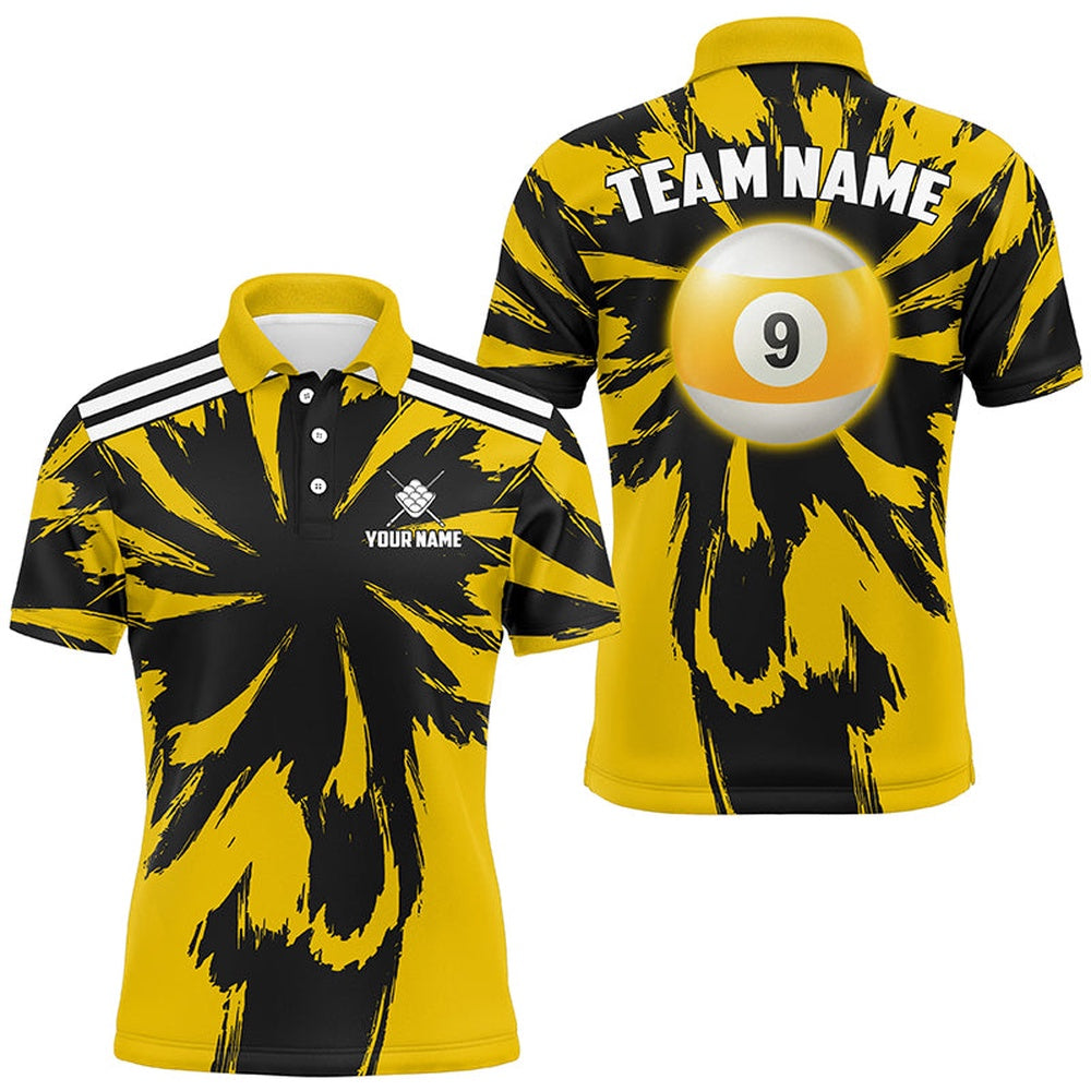 Billiard Polo Shirts, Personalized Funny Storm Yellow 9 Ball Pool Billiard Shirts Custom Unique Team Billiard Jerseys, Billiards Team Shirts