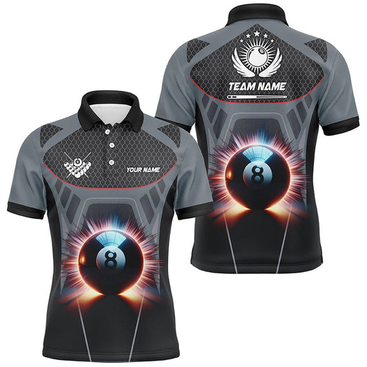 Billiard Polo Shirts, Personalized Glowing 8 Ball Pool Billiard Polo Shirts Custom 3D Billiards Sport Jerseys Grey, Billiards Team Shirts
