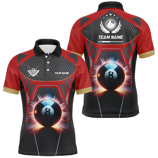 Billiard Polo Shirts, Personalized Glowing 8 Ball Pool Billiard Polo Shirts Custom 3D Billiards Sport Jerseys Red, Billiards Team Shirts