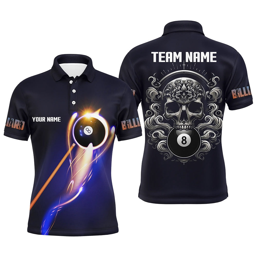 Billiard Polo Shirts, Personalized Glowing 8 Ball Pool Billiard Shirts Custom Skull Billiard Jersey, Pool Uniform, Billiards Team Shirts