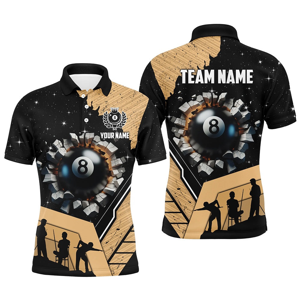 Billiard Polo Shirts, Personalized Gold Funny 8 Ball Pool Crack Polo Shirts Custom Team League Billiard Jersey, Billiards Team Shirts
