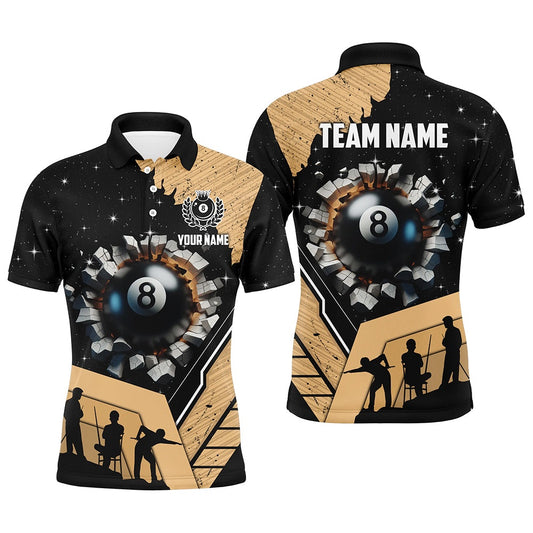Billiard Polo Shirts, Personalized Gold Funny 8 Ball Pool Crack Polo Shirts Custom Team League Billiard Jersey, Billiards Team Shirts