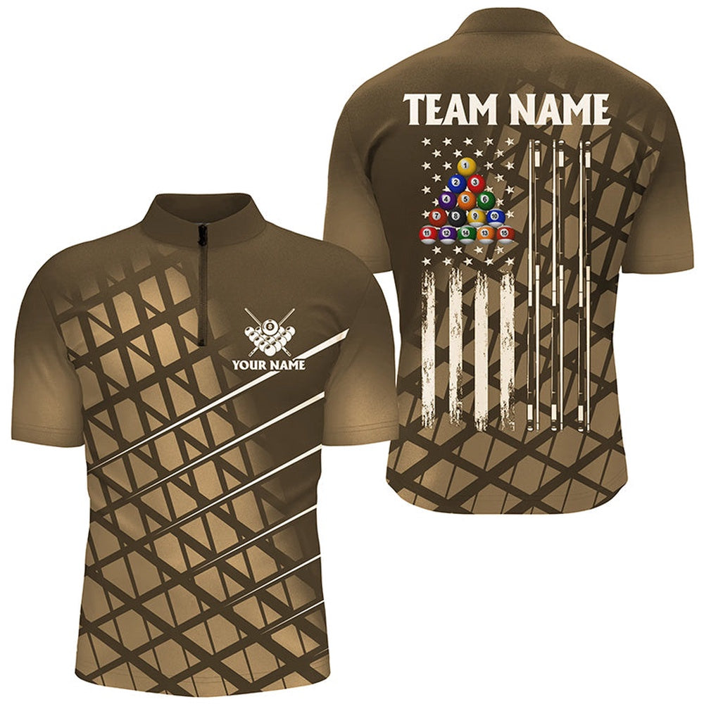 Billiard Polo Shirts, Personalized Gold Grunge American Flag Billiard Shirt Custom Patriotic Pool Player Jersey Shirt, Billiards Team Shirts