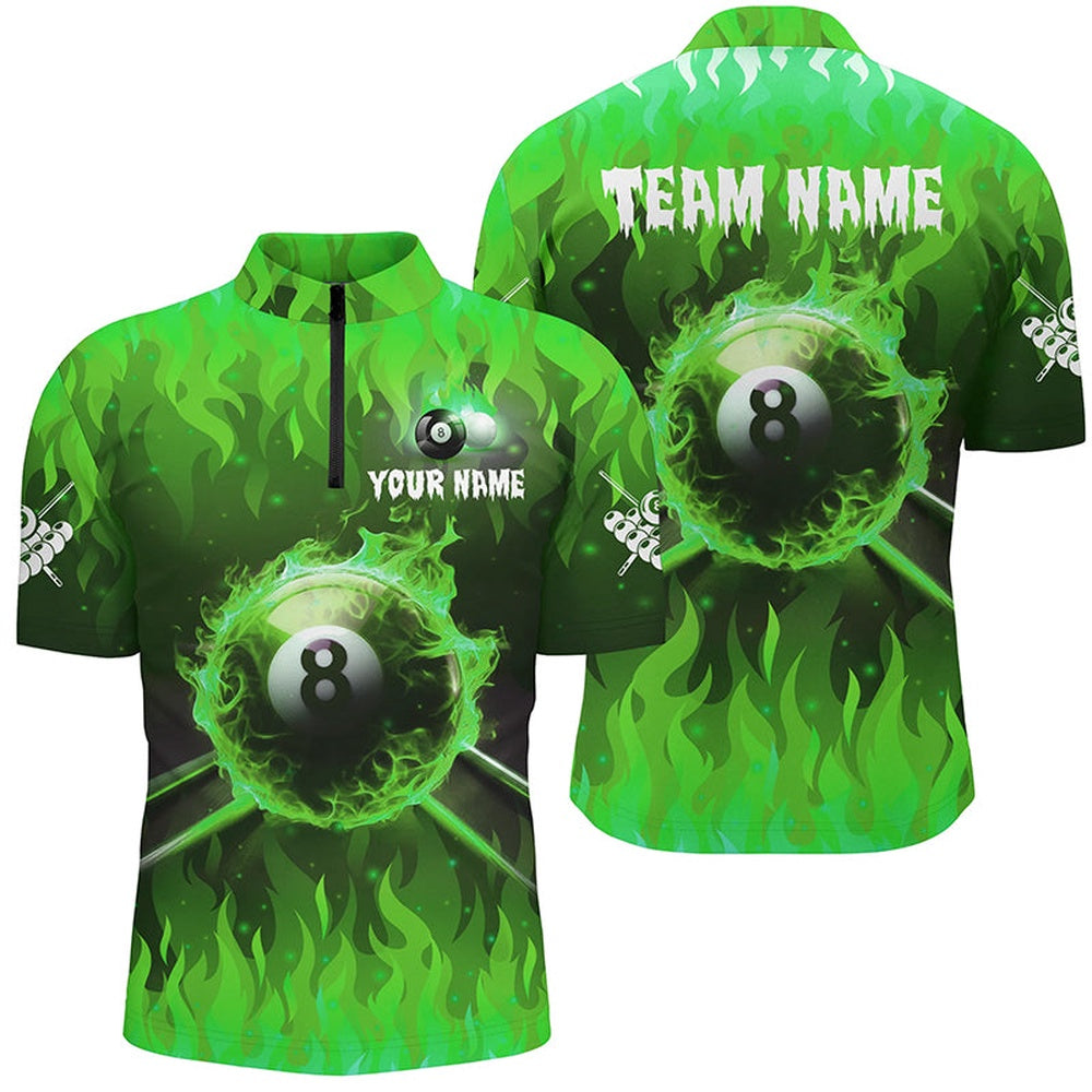 Billiard Polo Shirts, Personalized Green 3D 8 Ball Pool & Cue Fire Polo Shirt Custom Billiard Apparel, Billiards Team Shirts