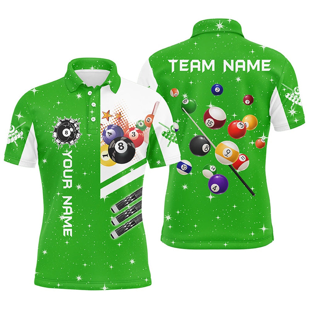 Billiard Polo Shirts, Personalized Green 3D Billiard Balls Polo Shirts Custom Name Billiard Team League Jerseys, Billiards Team Shirts