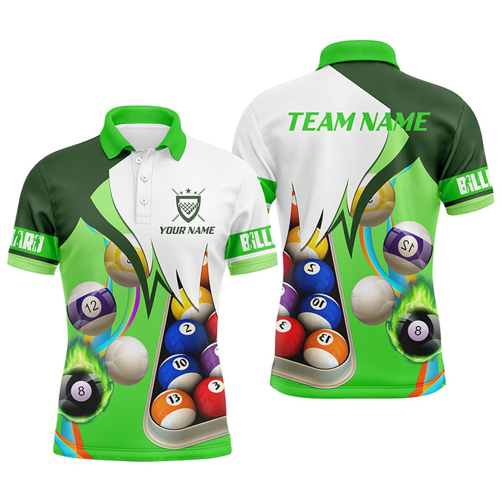 Billiard Polo Shirts, Personalized Green 3D Billiard Balls Polo Shirts, Custom Pool Billiard Team Shirts, Billiards Team Shirts