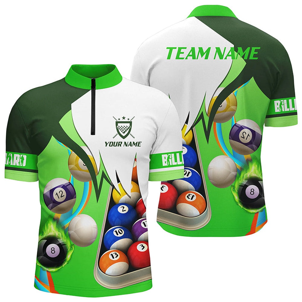 Billiard Polo Shirts, Personalized Green 3D Billiard Balls Polo Shirts, Custom Pool Billiard Team Shirts, Billiards Team Shirts