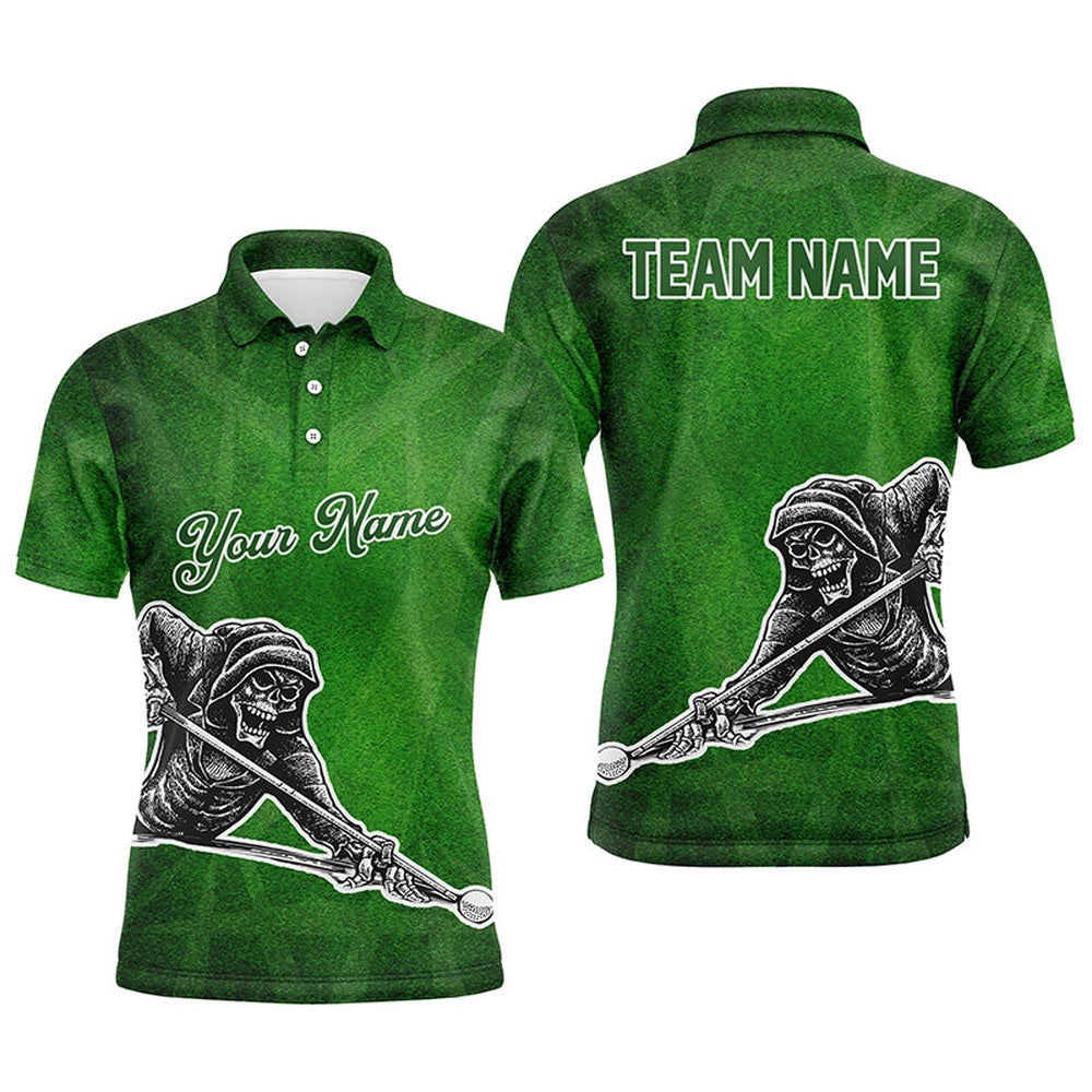 Billiard Polo Shirts, Personalized Green 3D Pattern Design A Skeleton Playing Billiards 3D Polo Shirts, Billiards Team Shirts