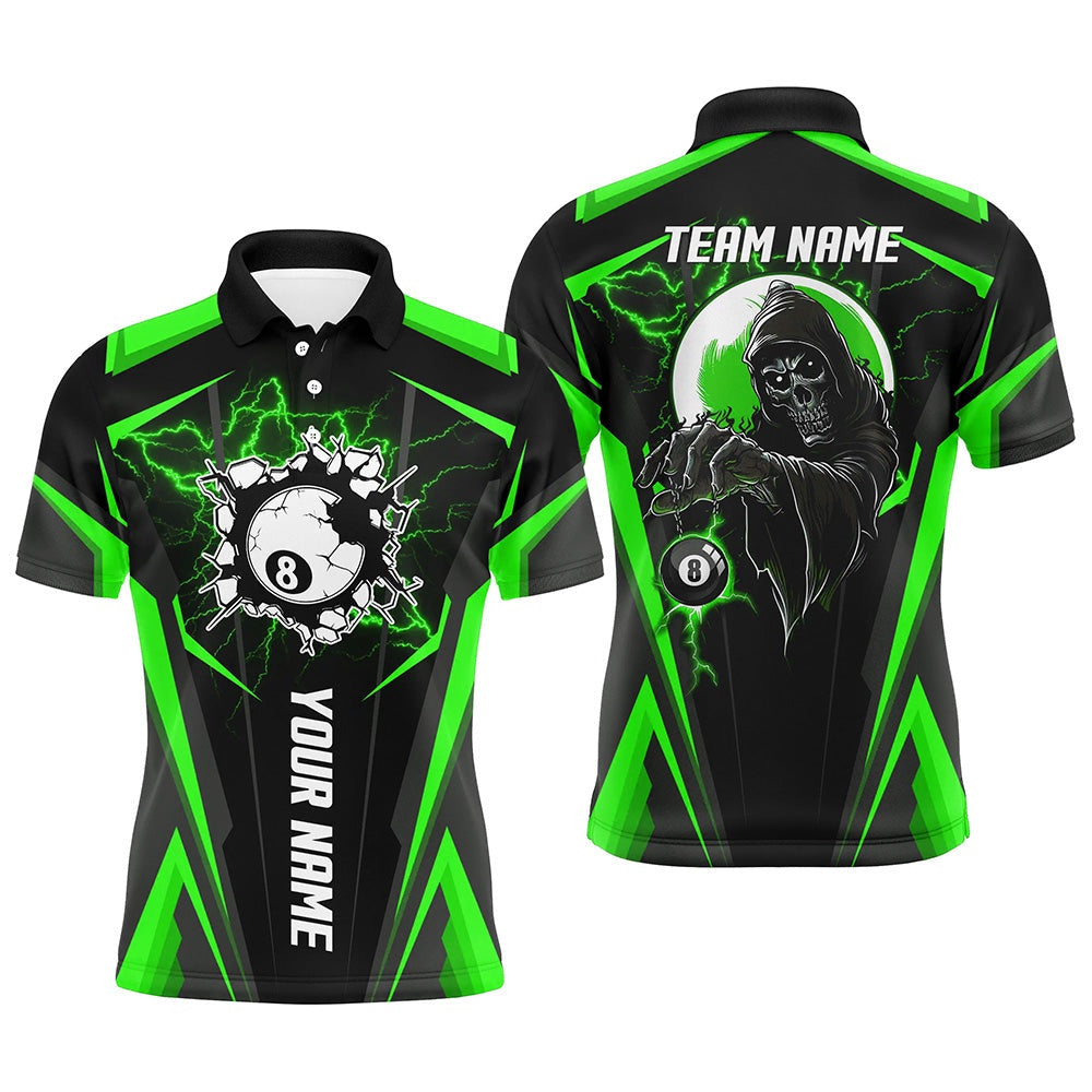 Billiard Polo Shirts, Personalized Green Billiard Grim Reaper Polo Shirts, Custom Team League Billiard Jerseys Shirts, Billiards Team Shirts