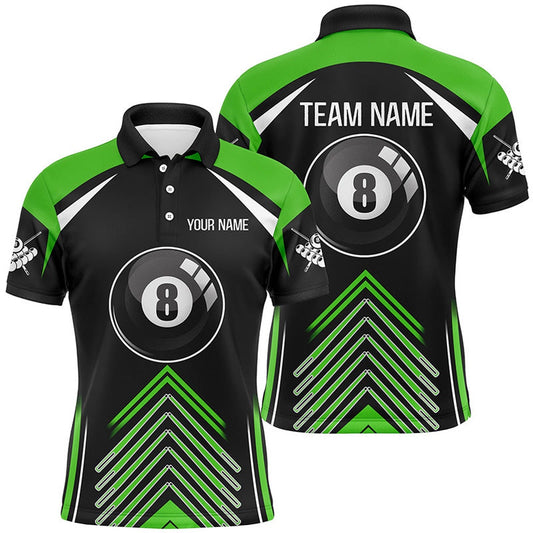 Billiard Polo Shirts, Personalized Green Black Billiard 8 Ball Pool 3D Polo Shirts, Custom Name Billiard Jerseys, Billiards Team Shirts