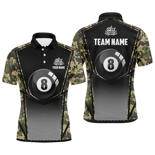 Billiard Polo Shirts, Personalized Green Camo Billiards 8 Ball Pool Polo Shirts Custom Unique Billiard Jerseys Attire, Billiards Team Shirts