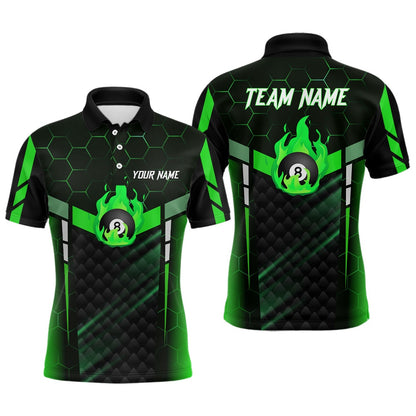 Billiard Polo Shirts, Personalized Green Fire 8 Ball Billiard 3D Polo Shirts, Custom 8 Ball Pool Team Jerseys, Billiards Team Shirts