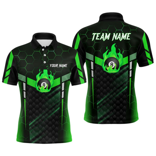 Billiard Polo Shirts, Personalized Green Fire 8 Ball Billiard 3D Polo Shirts, Custom 8 Ball Pool Team Jerseys, Billiards Team Shirts