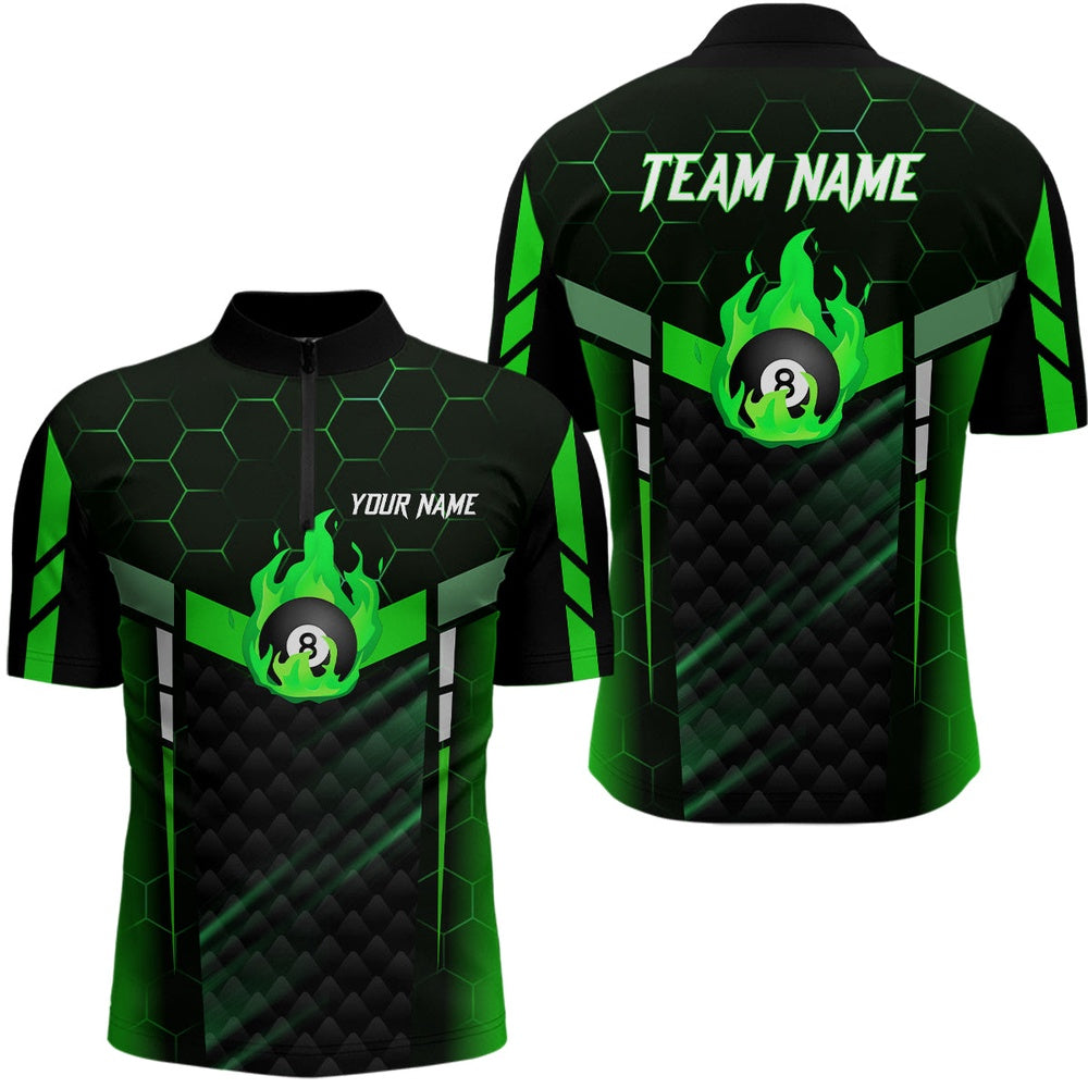 Billiard Polo Shirts, Personalized Green Fire 8 Ball Billiard 3D Polo Shirts, Custom 8 Ball Pool Team Jerseys, Billiards Team Shirts