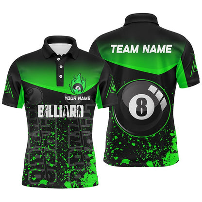 Billiard Polo Shirts, Personalized Green Fire 8 Ball Pool Billiard Polo Shirts, 8 Ball Billiard Team Shirts, Billiards Team Shirts