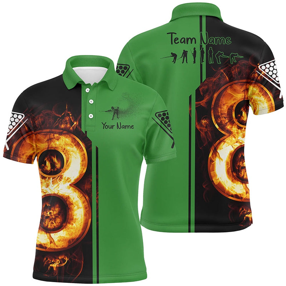 Billiard Polo Shirts, Personalized Green Funny Pool Player 3D Fire Billiard Polo Shirts, 8 Ball Billiard Shirts, Billiards Team Shirts