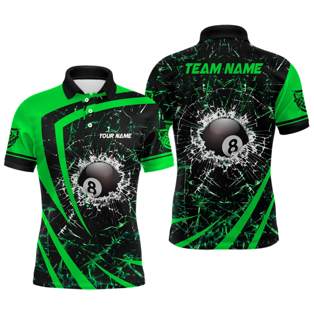 Billiard Polo Shirts, Personalized Green Glass Break 8 Ball Billiard 3D Polo Shirts, Custom 8 Ball Pool Jerseys, Billiards Team Shirts