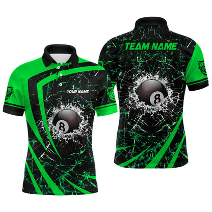 Billiard Polo Shirts, Personalized Green Glass Break 8 Ball Billiard 3D Polo Shirts, Custom 8 Ball Pool Jerseys, Billiards Team Shirts