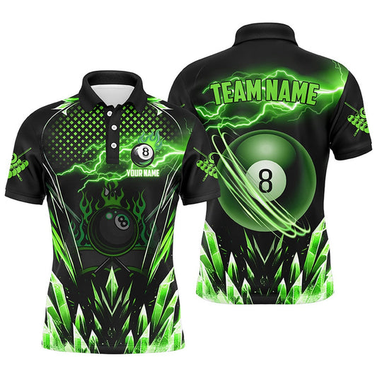 Billiard Polo Shirts, Personalized Green Icy Lightning 8 Ball Pool Polo Shirts Custom Billiard Team League Jersey, Billiards Team Shirts