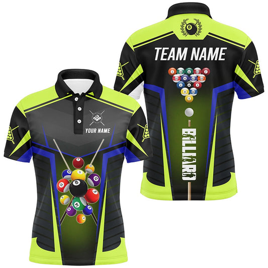 Billiard Polo Shirts, Personalized Green Neon Jerseys Billiard Balls Shirts Custom 3D Pool League Shirts, Billiards Team Shirts