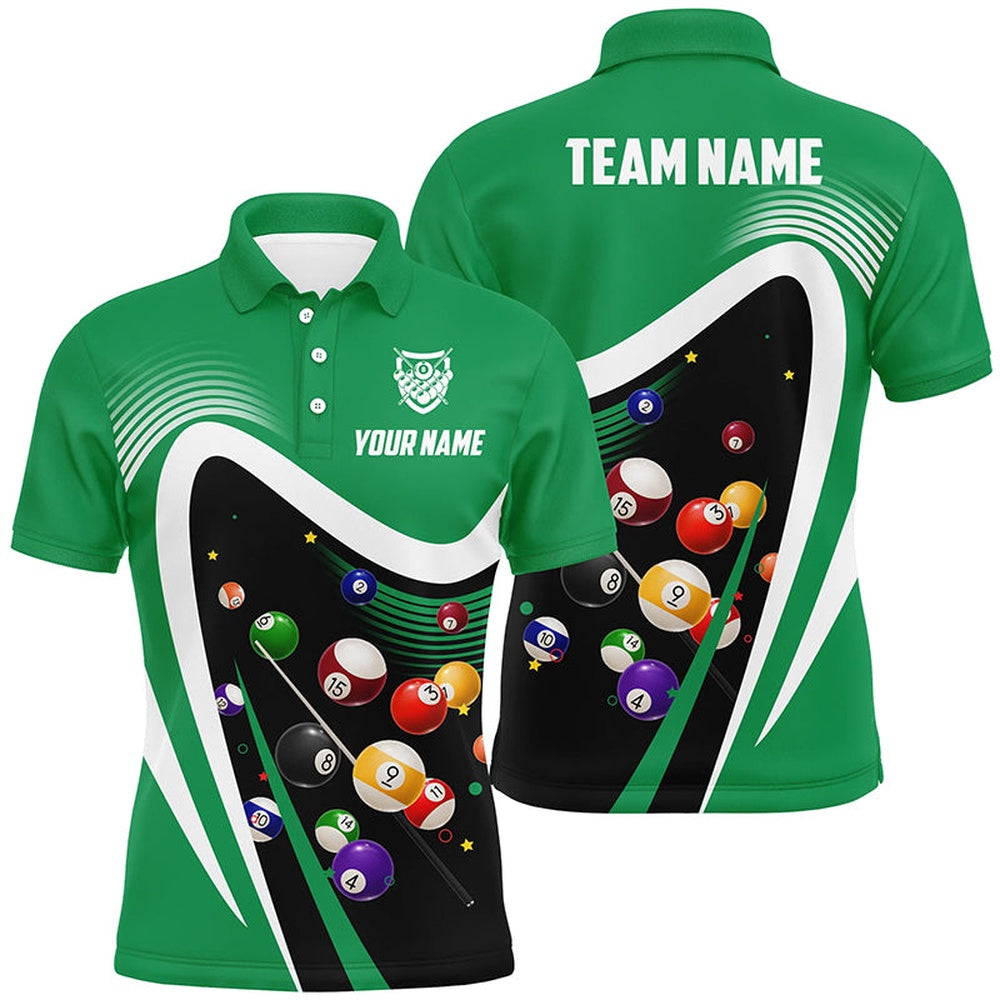 Billiard Polo Shirts, Personalized Green Sport Billiard Balls 3D Polo Shirts, Custom 8 Ball Billiard Team Jerseys, Billiards Team Shirts