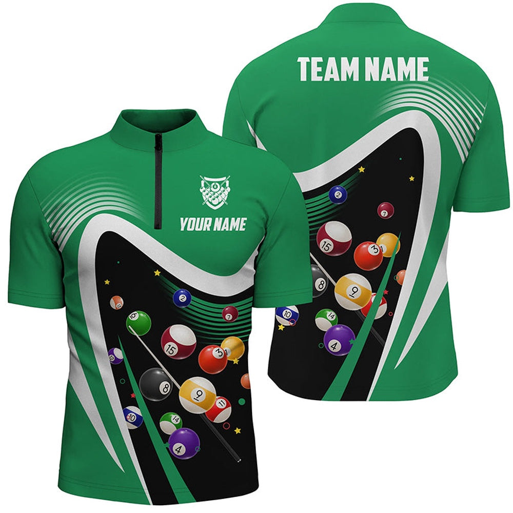 Billiard Polo Shirts, Personalized Green Sport Billiard Balls 3D Polo Shirts, Custom 8 Ball Billiard Team Jerseys, Billiards Team Shirts