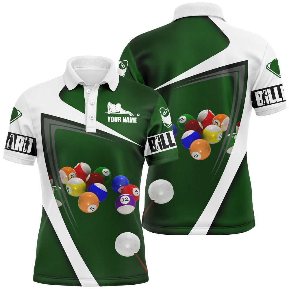 Billiard Polo Shirts, Personalized Green White Billiard Balls 3D Polo Shirts, Custom 8 Ball Billiards Jerseys, Billiards Team Shirts
