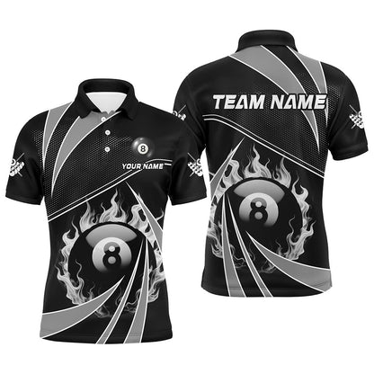 Billiard Polo Shirts, Personalized Grey And Black 8 Ball Pool Fire Custom Billiard Shirt, Billiard Apparel Jersey, Billiards Team Shirts