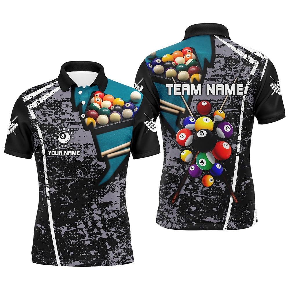 Billiard Polo Shirts, Personalized Grey Grunge Billiard Polo Shirts, Custom 3D Pool Balls Billiard Jerseys, Billiards Team Shirts