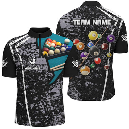 Billiard Polo Shirts, Personalized Grey Grunge Billiard Polo Shirts, Custom 3D Pool Balls Billiard Jerseys, Billiards Team Shirts