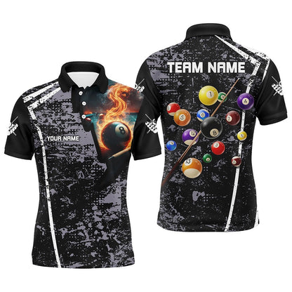 Billiard Polo Shirts, Personalized Grey Grunge Fire 8 Ball Billiard Polo Shirts, 3D Pool Balls Billiard Jerseys, Billiards Team Shirts