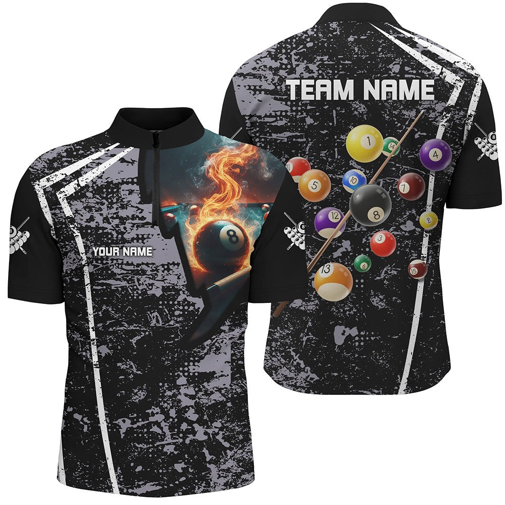 Billiard Polo Shirts, Personalized Grey Grunge Fire 8 Ball Billiard Polo Shirts, 3D Pool Balls Billiard Jerseys, Billiards Team Shirts