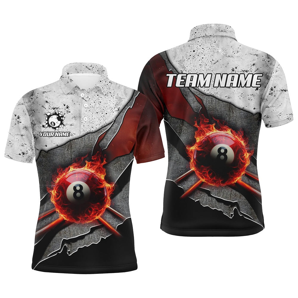 Billiard Polo Shirts, Personalized Grey Grunge Fire 8 Ball Pool Cue Billiard Shirts Custom Billiard Jersey For Pooler, Billiards Team Shirts