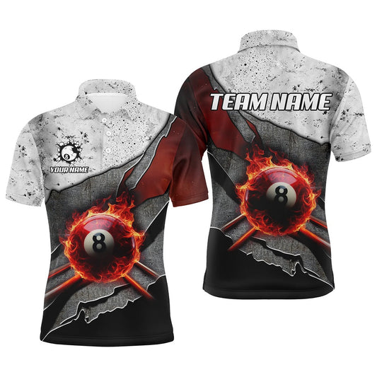 Billiard Polo Shirts, Personalized Grey Grunge Fire 8 Ball Pool Cue Billiard Shirts Custom Billiard Jersey For Pooler, Billiards Team Shirts
