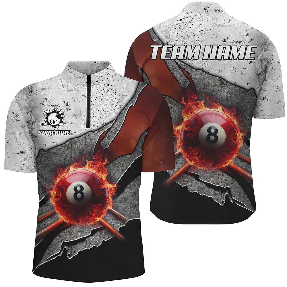 Billiard Polo Shirts, Personalized Grey Grunge Fire 8 Ball Pool Cue Billiard Shirts Custom Billiard Jersey For Pooler, Billiards Team Shirts