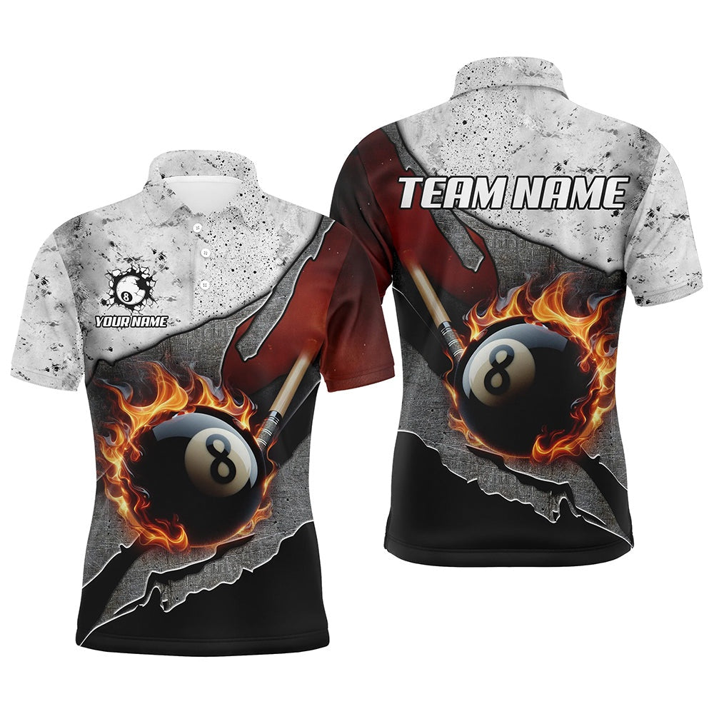 Billiard Polo Shirts, Personalized Grey Grunge Fire 8 Ball Pool Cue Billiard Shirts Custom Pool Player Shirts, Billiards Team Shirts
