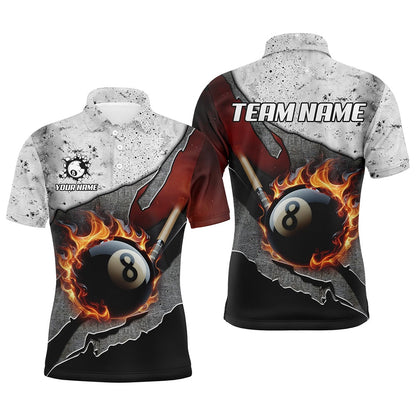 Billiard Polo Shirts, Personalized Grey Grunge Fire 8 Ball Pool Cue Billiard Shirts Custom Pool Player Shirts, Billiards Team Shirts