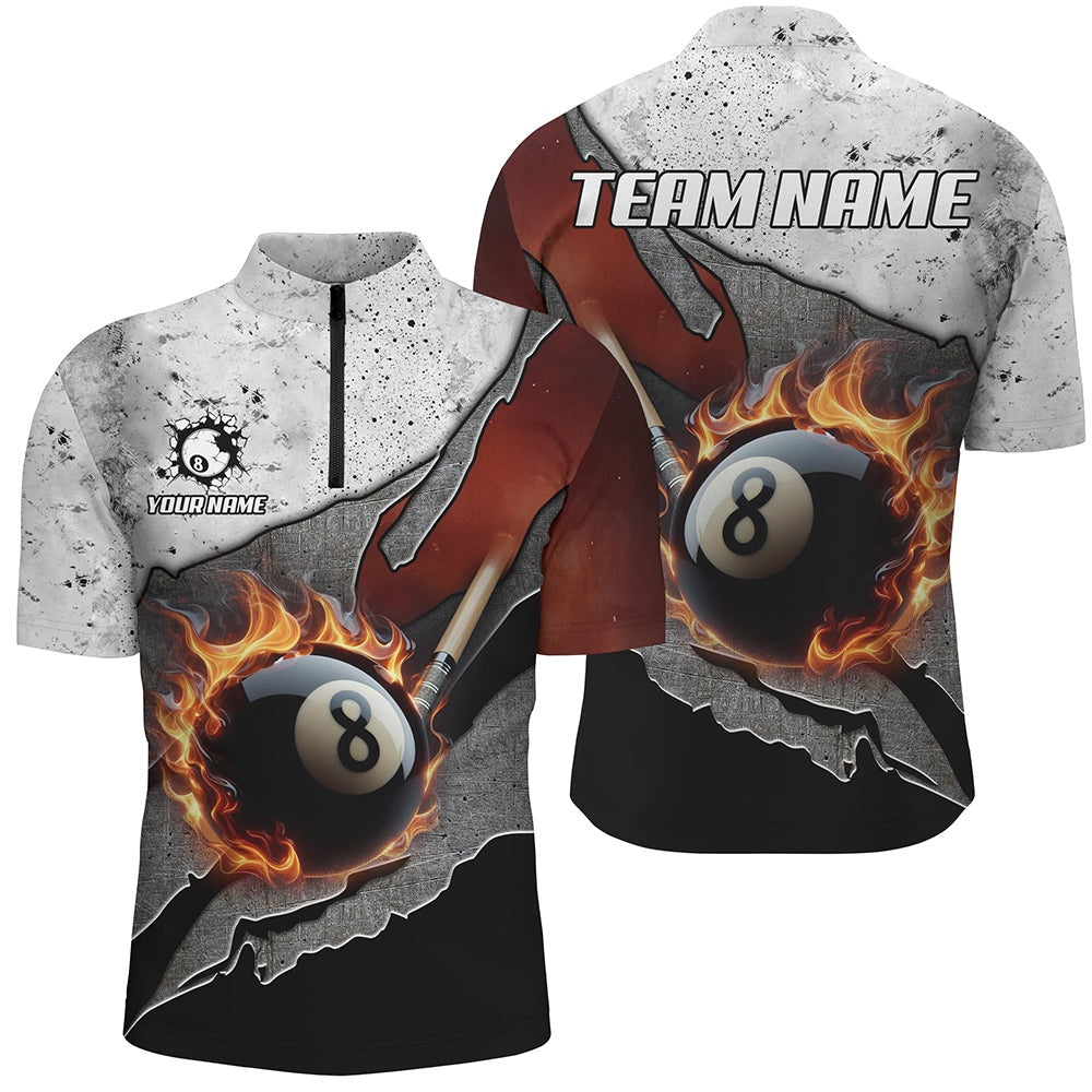 Billiard Polo Shirts, Personalized Grey Grunge Fire 8 Ball Pool Cue Billiard Shirts Custom Pool Player Shirts, Billiards Team Shirts