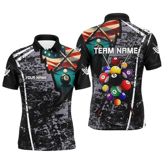 Billiard Polo Shirts, Personalized Grey Grunge US Flag 8 Ball Billiard Polo Shirts, Custom Billiard Balls Jerseys, Billiards Team Shirts
