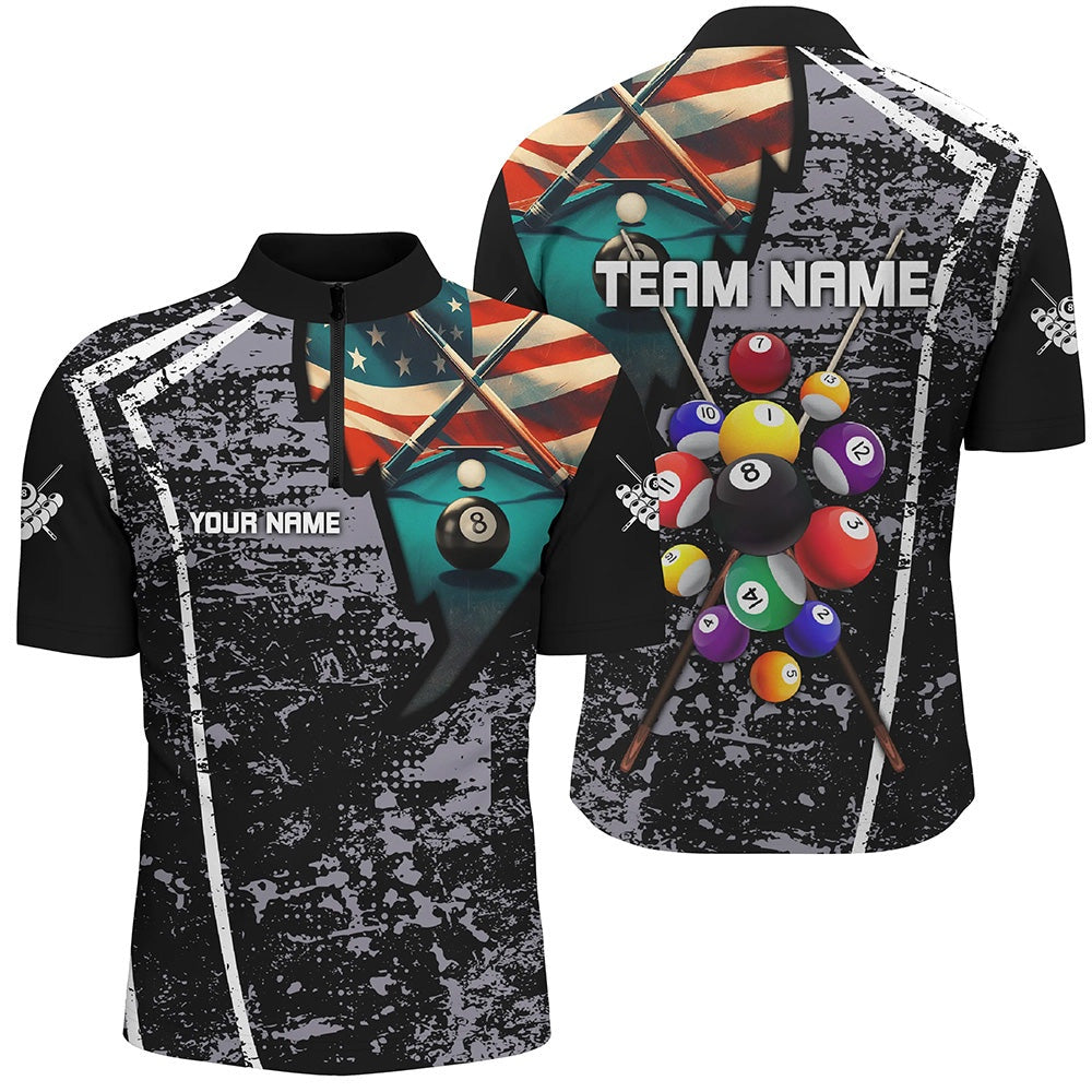 Billiard Polo Shirts, Personalized Grey Grunge US Flag 8 Ball Billiard Polo Shirts, Custom Billiard Balls Jerseys, Billiards Team Shirts