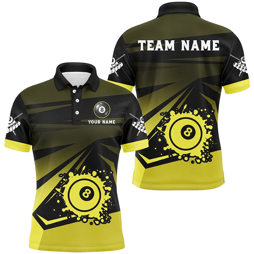 Billiard Polo Shirts, Personalized Grunge 8 Ball Pool Billiard Shirts Custom Name Yellow Black Billiard Jerseys, Billiards Team Shirts