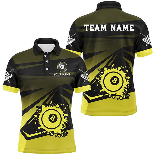 Billiard Polo Shirts, Personalized Grunge 8 Ball Pool Billiard Shirts Custom Name Yellow Black Billiard Jerseys, Billiards Team Shirts