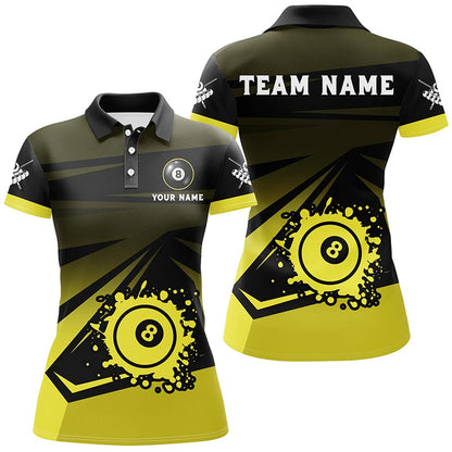 Billiard Polo Shirts, Personalized Grunge 8 Ball Pool Billiard Shirts For Ladies Custom Name Yellow Black Billiard Jerseys, Billiards Team Shirts