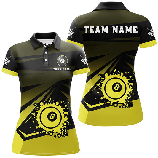 Billiard Polo Shirts, Personalized Grunge 8 Ball Pool Billiard Shirts For Ladies Custom Name Yellow Black Billiard Jerseys, Billiards Team Shirts