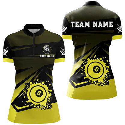Billiard Polo Shirts, Personalized Grunge 8 Ball Pool Billiard Shirts For Ladies Custom Name Yellow Black Billiard Jerseys, Billiards Team Shirts