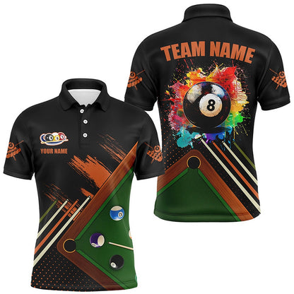 Billiard Polo Shirts, Personalized Grunge Billiard Shirts Funny Custom Colorful 8 Ball Pool Player Shirts Black, Billiards Team Shirts