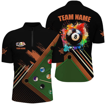 Billiard Polo Shirts, Personalized Grunge Billiard Shirts Funny Custom Colorful 8 Ball Pool Player Shirts Black, Billiards Team Shirts