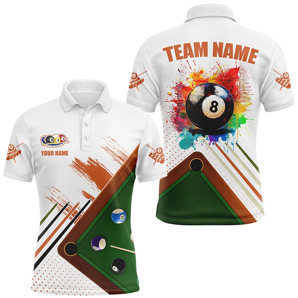 Billiard Polo Shirts, Personalized Grunge Billiard Shirts Funny Custom Colorful 8 Ball Pool Player Shirts White, Billiards Team Shirts