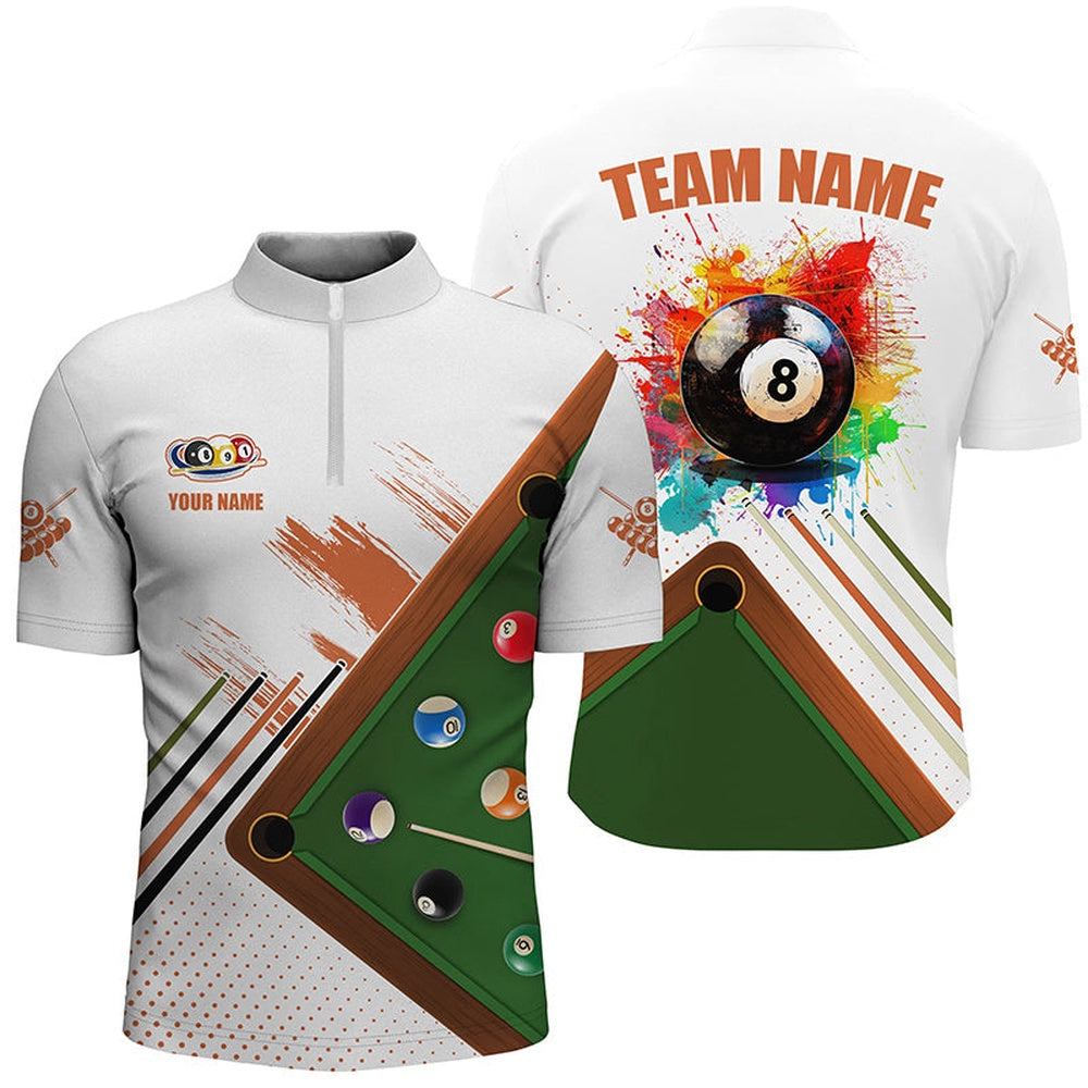 Billiard Polo Shirts, Personalized Grunge Billiard Shirts Funny Custom Colorful 8 Ball Pool Player Shirts White, Billiards Team Shirts