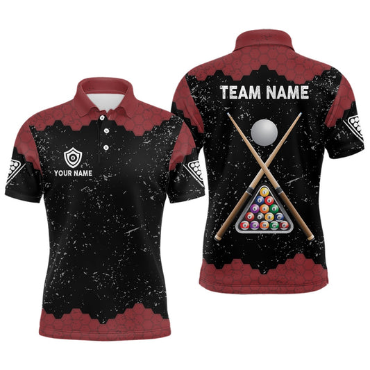 Billiard Polo Shirts, Personalized Grunge Black Red Billiards And Cue Polo Shirts Custom Billiards Team Shirts, Billiards Team Shirts